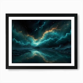 A Tranquil Scene Of A Frozen Lake Reflecting A Starry Night Sky With A Swirling Nebula Art Print