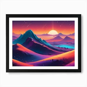 A Colorful, Digital Landscape With Vibrant Mountains, A Setting Sun, And A Glowing Blue Lake, Creating A Dreamy, Otherworldly Atmosphere Art Print