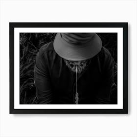 Black And White Photo Of A Man Wearing A Panama With A Spike. Art Print