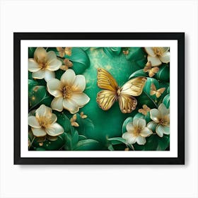 3d Abstract Floral Background With Green Flowers And Golden Butterfly 1 Art Print