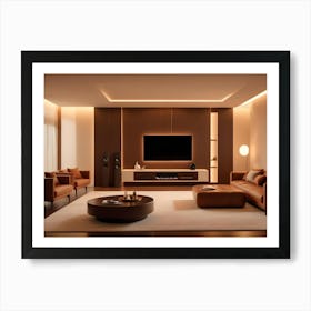 A Modern Living Room With A Brown Accent Wall, A Fireplace, A Large Tv, And Brown Leather Furniture Art Print