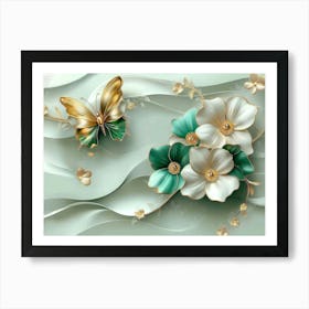 3d Art Abstract Floral Background With Green Flowers And Golden Butterfly 1 Art Print