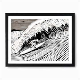 Linocut Black And White Surfer On A Wave art, surfing art, 7 Art Print