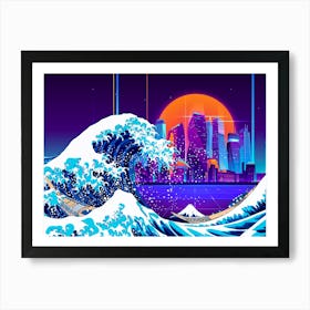 Synthwave Space: The Great Wave off Kanagawa & City [synthwave/vaporwave/cyberpunk] — aesthetic poster, retrowave poster, neon poster 1 Art Print