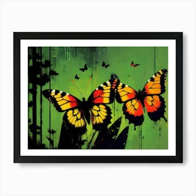 Butterflies On A Green Background 1 Art Print