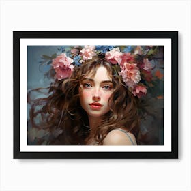 Upscaled An Oil Painting Of A Beautiful Woman With Flowers On Her 3 Art Print