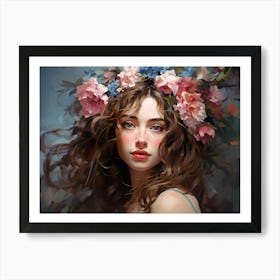 Upscaled An Oil Painting Of A Beautiful Woman With Flowers On Her 3 Póster