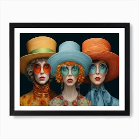 Three Women Wearing Colored Hats Glasses And Hats 1 Art Print