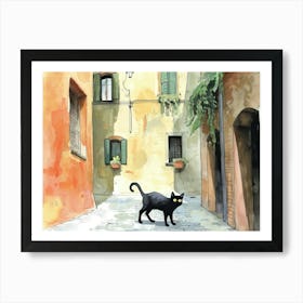 Black Cat In Reggio Emilia, Italy, Street Art Watercolour Painting 4 Art Print
