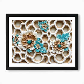 Oak Artwork Adorned With White Lattice, Turquoise Accents, And Floral Hexagonal Painting Art Print