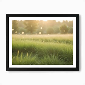 A Close Up Shot Of Green Grass With Dewdrops, With The Sun Shining In The Background, Creating A Warm, Inviting Atmosphere Art Print