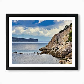 Rocky coastal landscape in Sardinia. This image is a stylized painting of a rocky coastal landscape with calm, rippling water and a clear blue sky. The rocky cliff is adorned with some greenery, and in the background, another landmass stretches across the horizon under a partially cloudy sky. The scene conveys a serene, natural beauty. Art Print