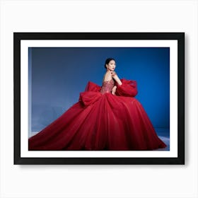 Asian Woman Posing Effortlessly In Haute Couture High Fashion Runway Walk Lavish Fabrics Cascading (5) Art Print