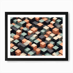 Abstract Geometric Pattern Of Colorful Cubes, With Shades Of Orange, Teal, Beige, And Black Art Print