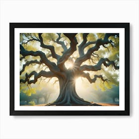 Ancient Oak Tree With Massive Roots Bathed In Warm Sunlight, Symbolizing Strength, Resilience, And The Passage Of Time Art Print