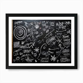 Blackboard Art Showcasing The Creative Chaos Of Chalk White Strokes Swirling With Abstract Circles A (5) Art Print