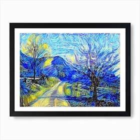 Starry Night Swirl Paint Strokes Road Mountains Art Print