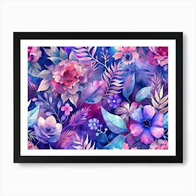 Watercolor Floral Seamless Pattern With Purple And Pink Flowers On A Blue Background Art Print