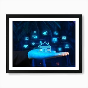 Artificial Intelligence Concept Visualized As A Hand Holding A Glowing Blue Diagram Of A Smart Home (7) Art Print