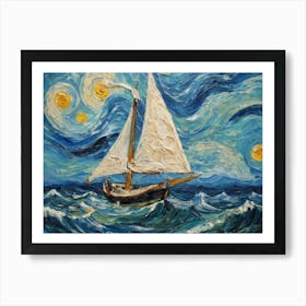 Sailboat In The Ocean With Sky And Stars Art Print