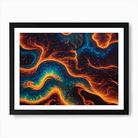 Abstract Artwork Featuring Swirling, Vibrant Lines In Shades Of Blue, Orange, And Yellow Against A Dark Background, Resembling A Cosmic Landscape Or An Organic Structure Art Print