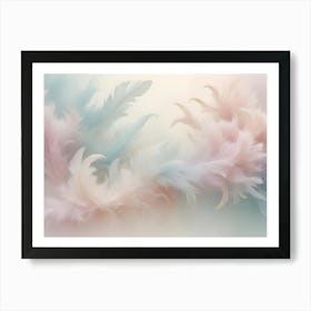 A Soft, Ethereal Background Of Overlapping Feathers In Shades Of Pink, White, And Peach Against A Light Blue Backdrop Art Print