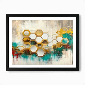 Abstract Golden Hexagons, White Lattice and Splashes of Turquoise Art Print