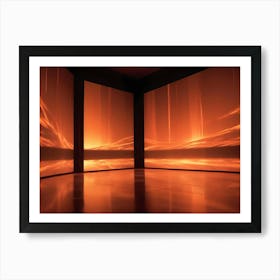 Abstract Digital Image Of A Room With Three Large Screens Displaying A Fiery, Orange Landscape With Vertical Beams Of Light, Creating A Futuristic And Dramatic Atmosphere Art Print