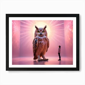 A Young Girl Stands Before A Giant Owl In A Pink, Luminous Environment Art Print