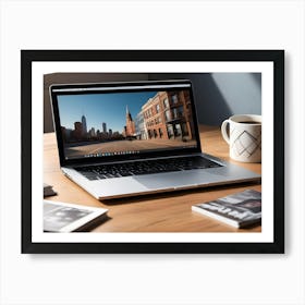 A Photo Of A Laptop With A City Skyline View On The Screen, Resting On A Wooden Desk With Two Cups Of Coffee And Photo Books Nearby Art Print