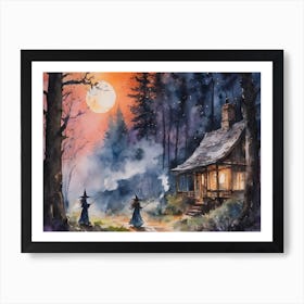 Sunset Mischief - witches causing mayhem as the sun goes down, I wonder who annoyed them? Witchy fairytale Storybook watercolour artwork painting - spellcasting in the forest Art Print