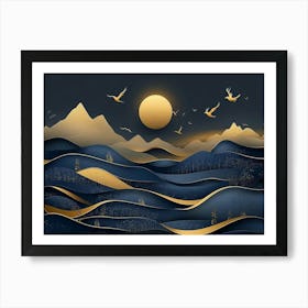 3d Modern Dark Blue and Golden Wave Background Mountains, Golden Deer and Birds Art Print