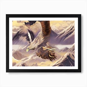 Abstract Eagle Flying Over The Mountains -Minimal Grey And Brown Color Drawing Illustration Art Print