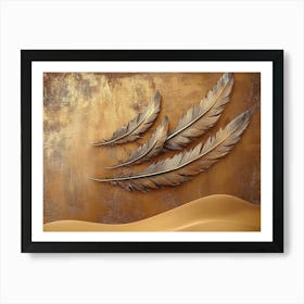 Rustic 3d Textured Almond Brown Background Faded Brass Feathers Abstract Sandy Dunes Warm Art Print