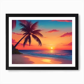 A Tranquil Beach At Sunset Horizontal Illustration 11 Art Print