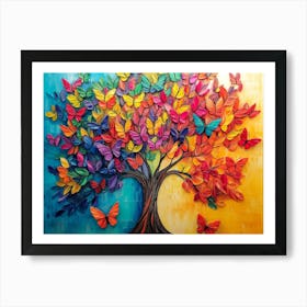 Colorful Tree With Vivid Leaves And Butterflies Painted In Beautiful 3d Abstract Art Print