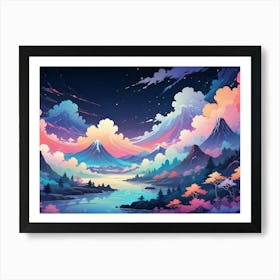 Abstract Image Of A Colorful Landscape With Mountains, A River, And Clouds Art Print