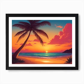A Tranquil Beach At Sunset Horizontal Illustration 48 Art Print