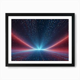 Abstract Digital Artwork Depicting A Futuristic, Star Strewn Digital Landscape Composed Of Blue And Red Lines, Grids, And Light Particles Art Print