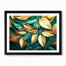 Gold Leaves On Green Background Art Print