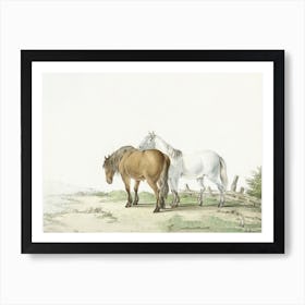 A Brown And White Horse On A Road Next To A Fence, Jean Bernard Art Print