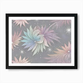 A Seamless Pattern Of Pastel Colored Paper Flowers, With A Light Gray Background And A Sprinkling Of White Stars Art Print