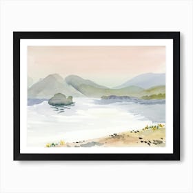 Sunrise At Lake Watercolor painting landscape bedroom living room hand painted beige grey nature mountains lake Art Print