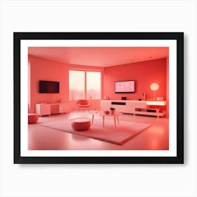 A Modern Living Room With A Pink Accent Wall, White Furniture, And A Large Tv Art Print