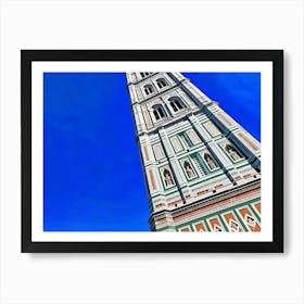 Giotto's Campanile in Florence. The image showcases Giotto's Campanile, a free-standing bell tower that is part of the complex of buildings that make up Florence Cathedral in Florence, Italy. The tower is renowned for its intricate Gothic architecture, featuring colorful marble panels in green, pink, and white, and adorned with statues and decorative elements. The clear blue sky provides a striking contrast to the detailed facade of the tower. 1 Art Print