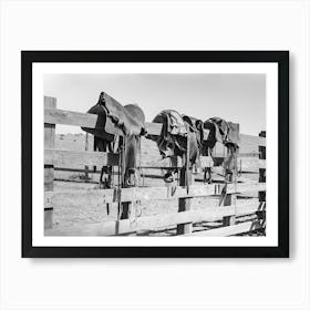 Saddles On Fence, Western Aesthetic, Vintage Black and White Old Photo 1 Art Print