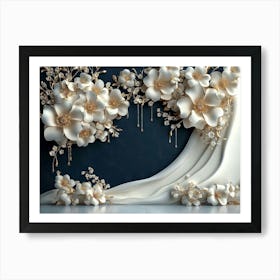 3d White and Blue Background Adorned with Golden Jewelry and Flowers Art Print