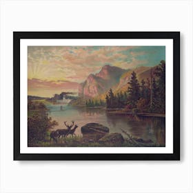 American River Scene With Stag Art Print