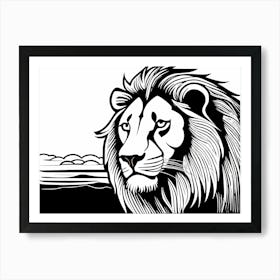 Lion Linocut Sketch Black And White art, animal art, 145 Art Print