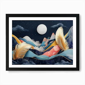 3d Modern Dark Blue Background, Featuring Golden Feathers, Colorful Marbled Mountains Art Print